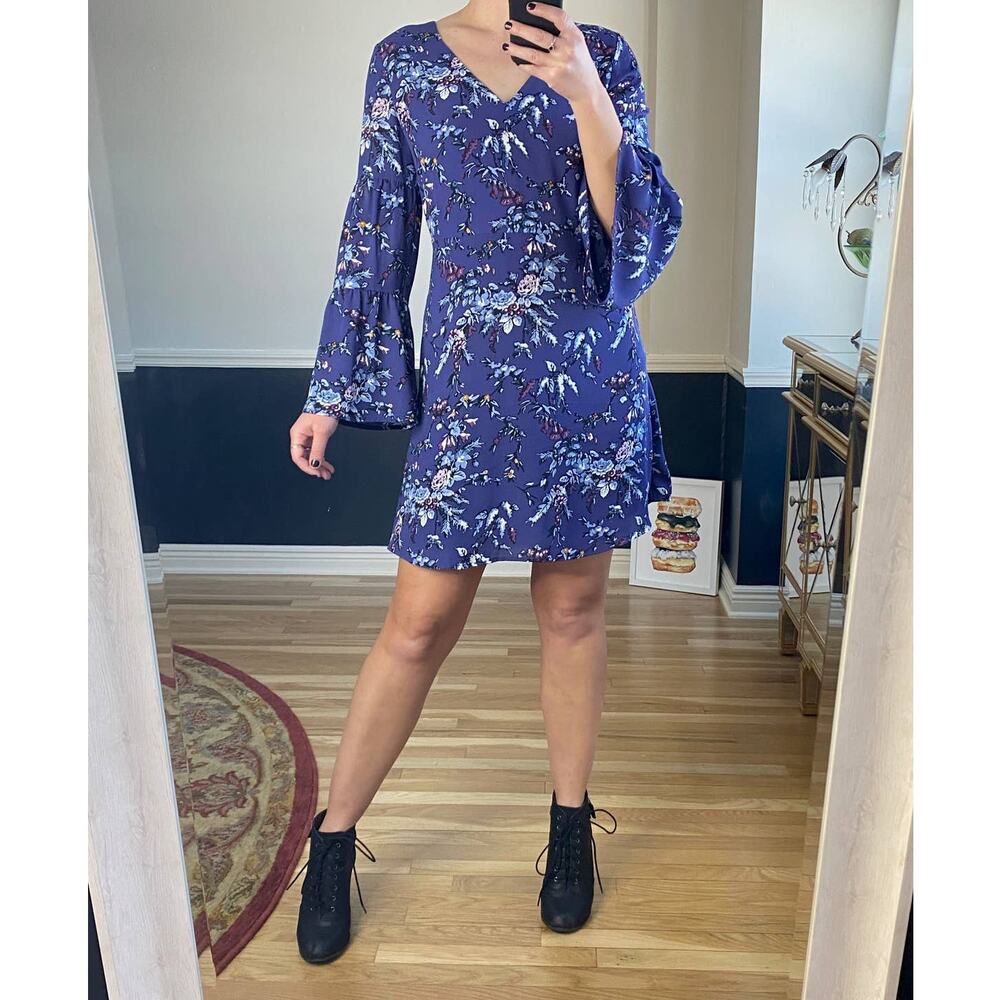 Loft purple floral long sleeve knee length dress